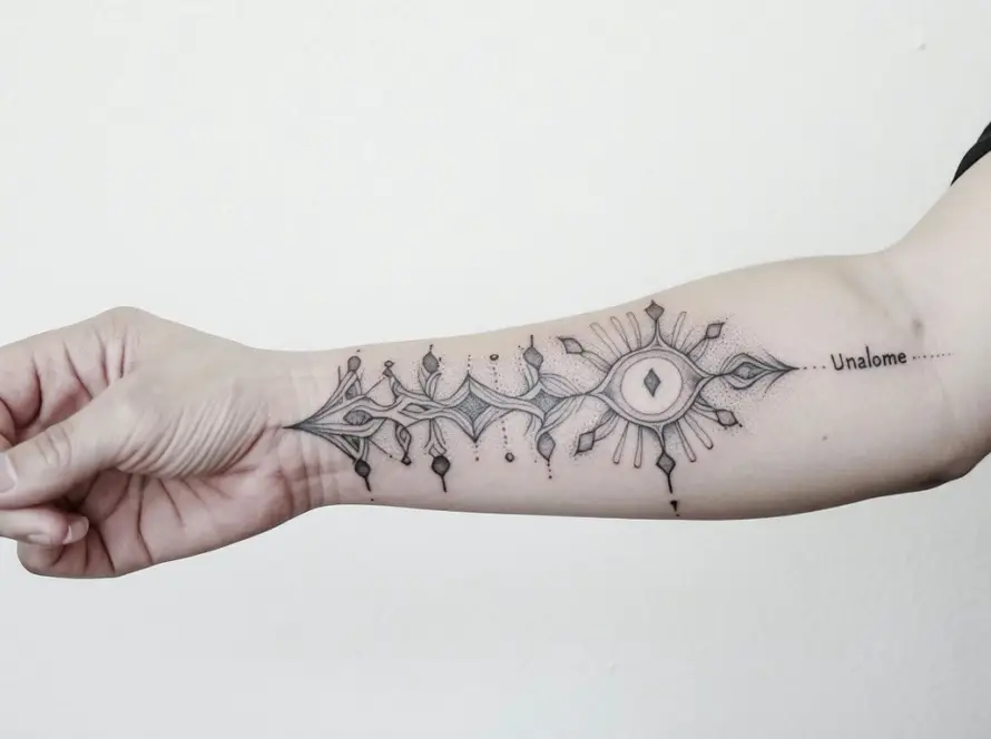 Unalome tattoo on a forearm